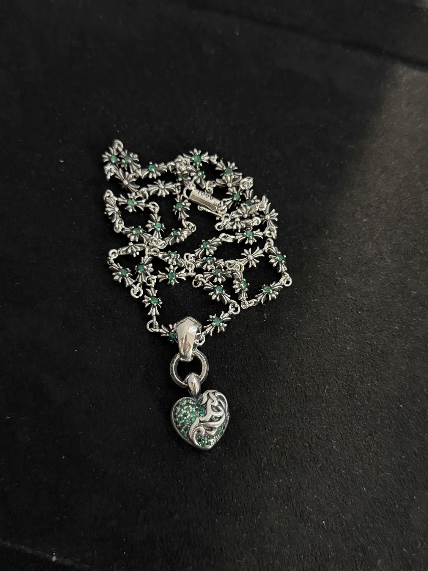 Chrome Hearts Silver Emerald Heart Pendant Necklace